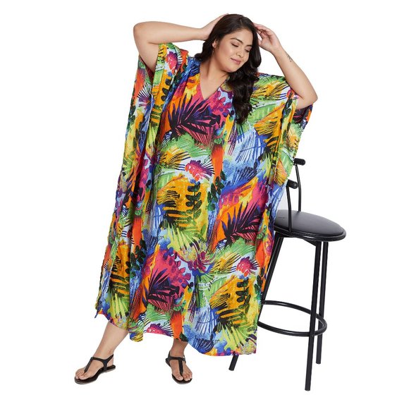 Womens Multicolor Beautiful Floral Kaftan Beach Cover Up Traditional Maxi Dress - Picture 9 of 9